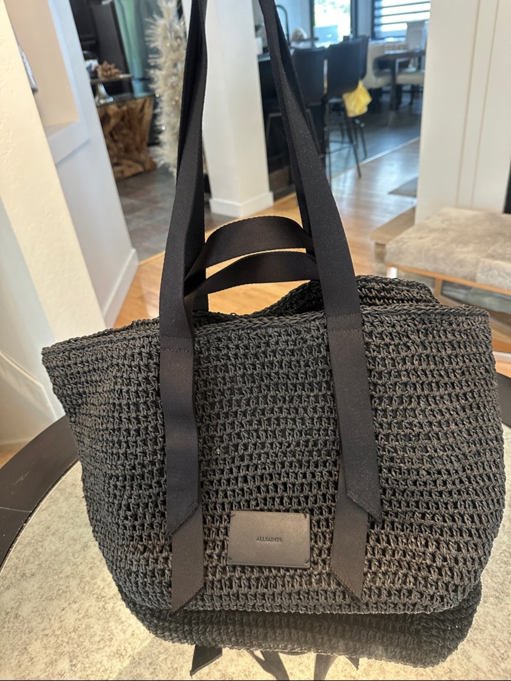 All Saints Black Jacqueline Straw Tote